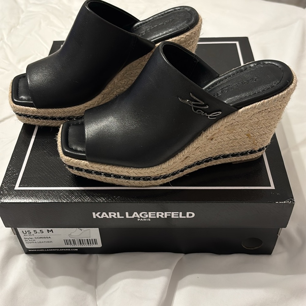 Karl Lagerfeld Black Leather Wedge Mules - New with Box - Size 5.5